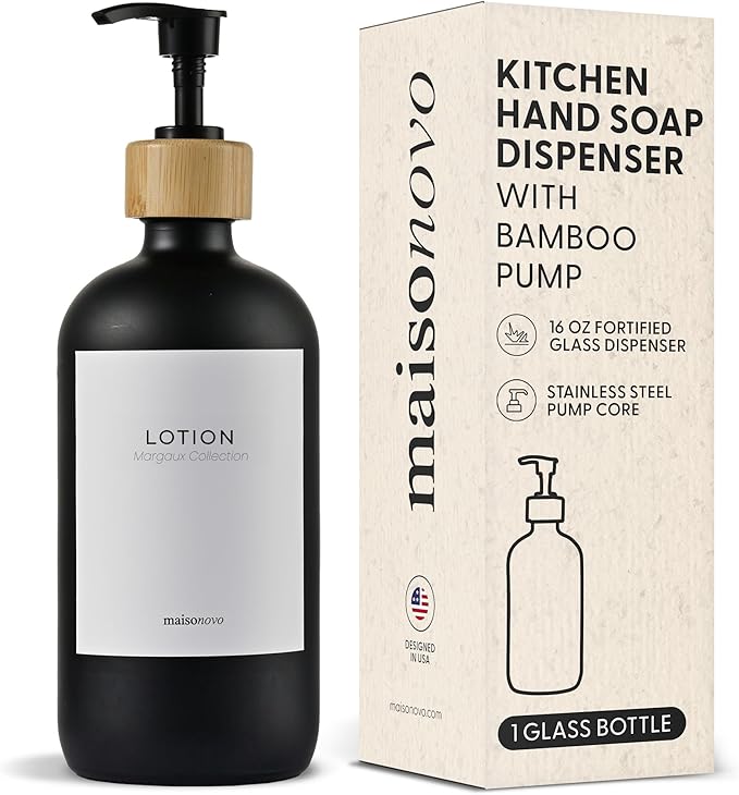 MaisoNovo Glass Hand Soap Dispenser | Dish Soap Dispenser for Kitchen | 16.9oz Black Bottles with Black Bamboo Pump | Bathroom Lotion Dispenser