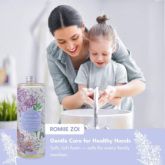 ROMIIE ZOI Lilac Foaming Hand Soap Refill Gift Set – 3 Pack (33.8 Fl Oz Each) with Refillable Dispenser, Soft Floral Scent, Moisturizing, Biodegradable & Chemical-Free Formula for Bathroom, Kitchen