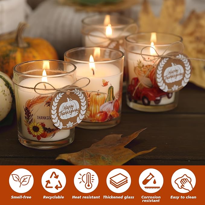 12 Pack Thanksgiving Pumpkins Clear Candle Jars for Making Candles 7 oz Empty Glass Jars with Wood Lids and Blessing Card Harvest Candle Containers for DIY Gifts Home Tea Party Holiday Decor