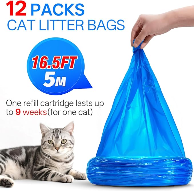 12 Cat Litter Refill Bags Compatible with Litter Genie XL+/XL/Plus/Standard/Style/Desgin Pail, Extra10% Length 27 Months Use Time, Super Odor Control, Plant Scented, Cartridge NOT Included