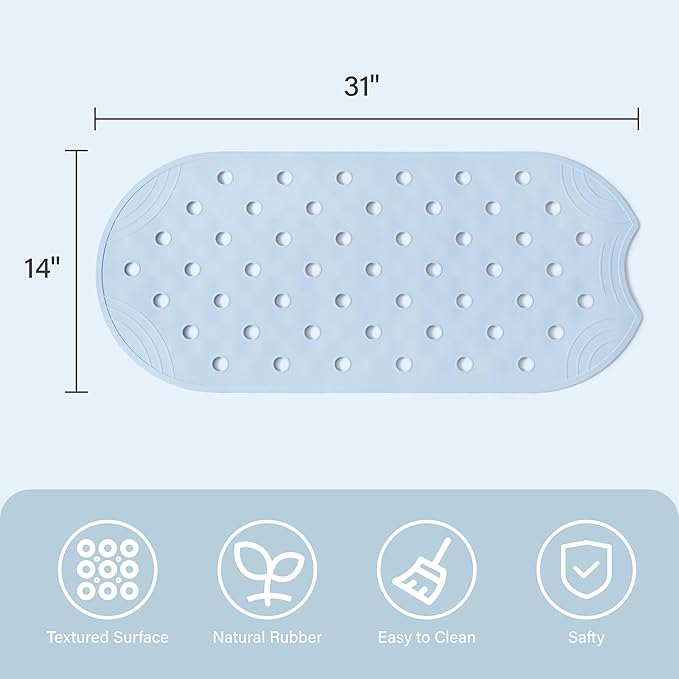 Rubber Bathtub Mat Shower Mat Non-Slip, 31x14 Inch, Bath Tub Floor Mat with Suction Cups and Drainage Holes, Light Blue