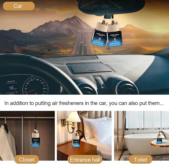 Car Air Freshener Hanging 2 Pack A ir Fresheners Diffuser - Woody Citrus Fragrance Oil Air Diffuser for Car, 45+ days Long Lasting Fragrance, Two 0.27 FL OZ/8ML Made in USA