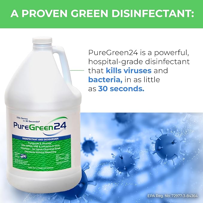 PureGreen24 Value pack Safe & Effective Disinfectant. Kills Deadly Germs including RSV COVID-19 Norovirus MRSA Staph 2025 flu Bird flu Contains no toxic chemicals odorless (1 gallon 3 x 32oz sprays)