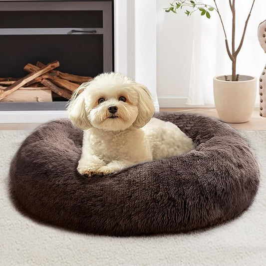 JOLLYVOGUE Small Dog & Cat Beds for Indoor Cats, Donut Cuddler Warming Soft Dog Beds with Anti-Slip Bottom, Round Calming Fluffy Plush Faux Fur Cushion Bed for Small Dogs (23")