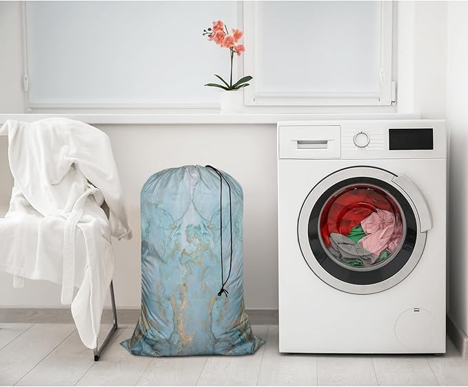 Swono Marble Stone Laundry Bag with Drawstring Closure, Foldable, Compact, Lightweight, 28" X 40" Blue Golden Liquid Lines Packable Dirty Clothes Pouch for College Dorm, Camp, Road Trip, Cruise or Gym
