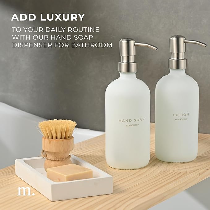 MaisoNovo Soap Dispenser 3-Piece Set | 16.9oz White Bottles with Silver Stainless Steel Pumps