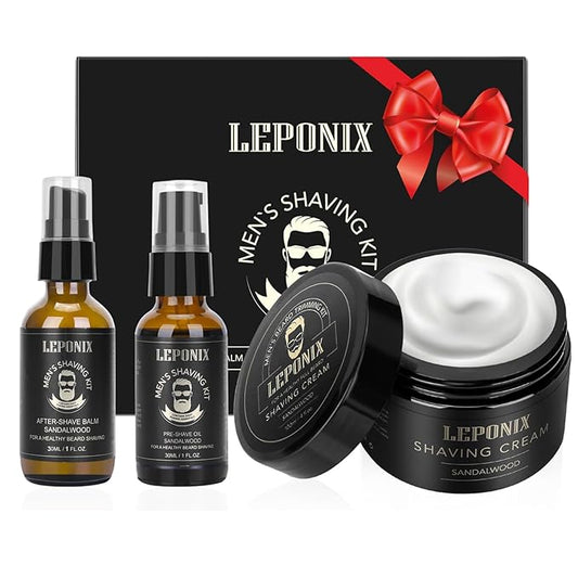 LEPONIX Men's Shaving Kit Gift Set- Sandalwood Shaving Cream, After Shave Lotion & Pre Shave Oil - Fights Razor Burn, Nicks & Cuts - Luxury Grooming Essentials for Men, Husband - Stocking Stuffers