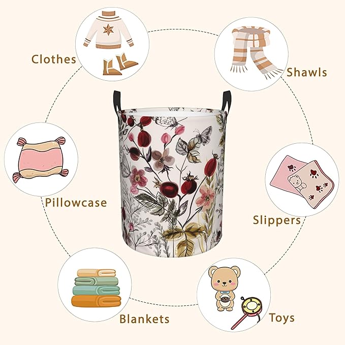 Retro Flower with Plants Laundry Basket,Waterproof Foldable Laundry Hamper,Dirty Clothes Laundry Basket, Linen Bin Storage Organizer for Toy Collection 16" x 20"