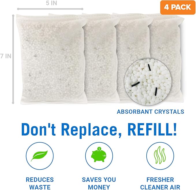 4 Pack Moisture Absorber Refill Bags, Unscented and Fragrance-Free Pellet Packs, Dehumidifier Refills for Buckets, Ideal for Eliminating Odors and Damp Air in Basement, Closet, Home, RV, and Boating
