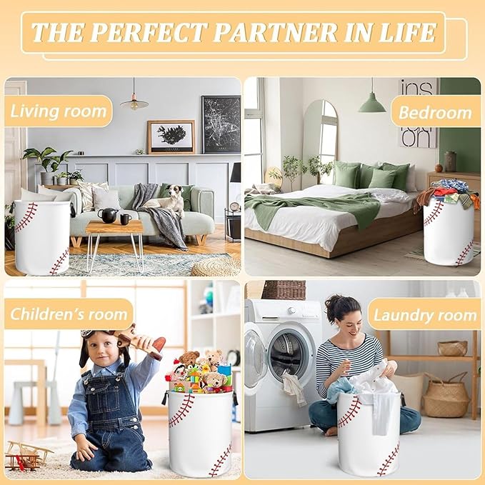 Baseball Texture Laundry Hamper Bag With Waterproof Liner - Round Laundry Basket Foldable Clothes Storage Organizer For Bathroom Bedroom Nursery Dorm, S-16.5"X 13.8"