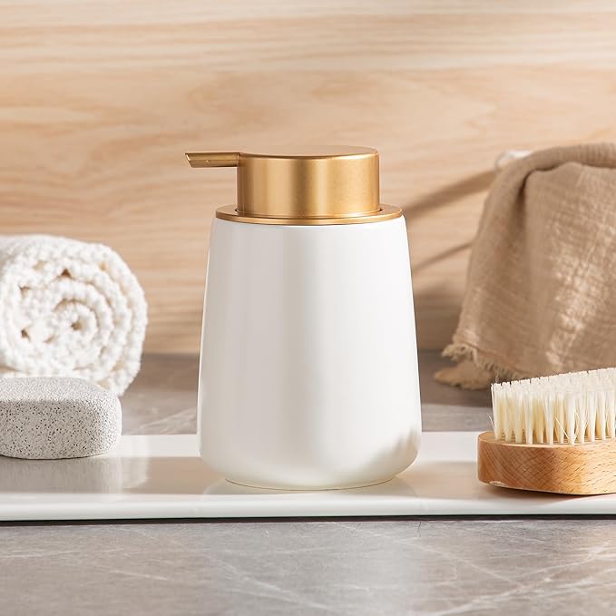 Enra Foaming Soap Dispenser,12 oz Beige Ceramic Modern Poam Hand Soap Dispenser for Bathroom,Kitchen with Easy-to-Press Pump (White Poam Gold Pump)