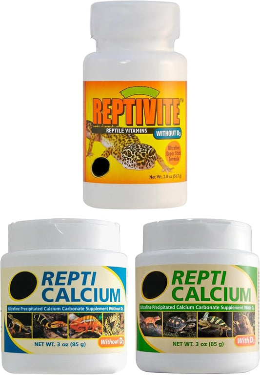 Repti Calcium with D3 (3 oz), Repti Calcium Without D3 (3 oz), and Reptivite Without D3 (2 oz) for Reptiles, Includes Trinity Treats Microfiber Cleaning Cloth