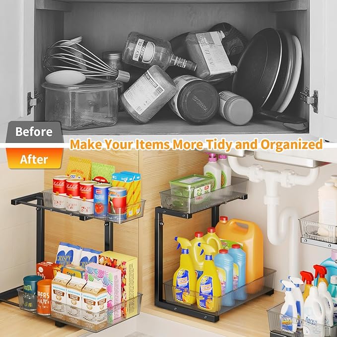Under Sink Organizer, Under Sink Organizers and Storage with Adjustable Height and PET Basket, Pull Out Under Cabinet Organizer for Counter Kitchen, Vanity, Laundry, Pantry (1Pack, Black)