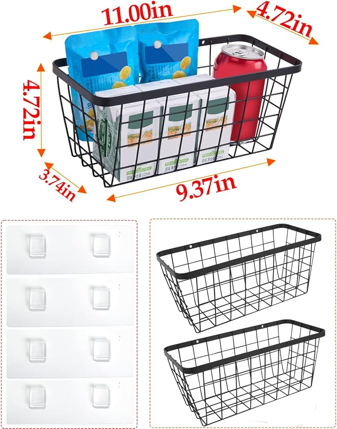 2 Pack Hanging Wall Basket Organizer Over the Cabinet Door Wire Baskets for Organizing -Space-Saving Hanging Baskets for Organizing Wall Mount Storage,No Drilling Adhesive Wall Storage Basket, Black