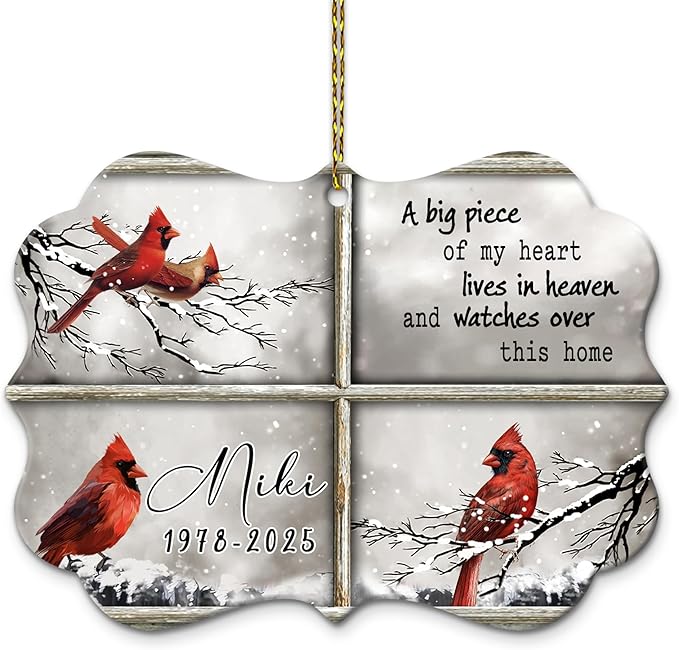 HYTURTLE Personalized Memorial Sympathy Christmas Ornament Tree Decor Gifts for Family Loss of Loved One Mom Dad - Cardinal Piece of Heart in Heaven Custom Name Aluminium Ornament