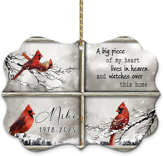 HYTURTLE Personalized Memorial Sympathy Christmas Ornament Tree Decor Gifts for Family Loss of Loved One Mom Dad - Cardinal Piece of Heart in Heaven Custom Name Aluminium Ornament