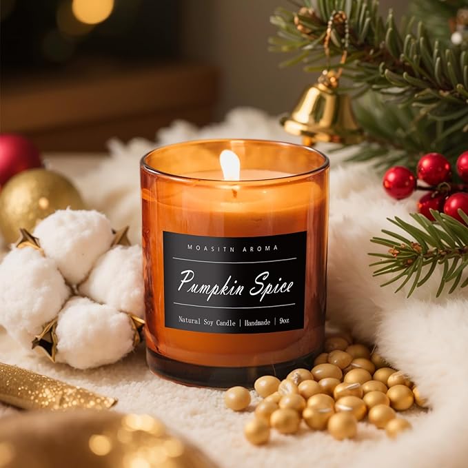 MOASITN Pumpkin Spice Strong Scented Large Luxurious Candles for Home| Organic Soy Fall Candles| Handmade Long Lasting Aromatherapy Jar Candel for Women,Men| as Autumn,Halloween,Relaxing Gifts| 9oz