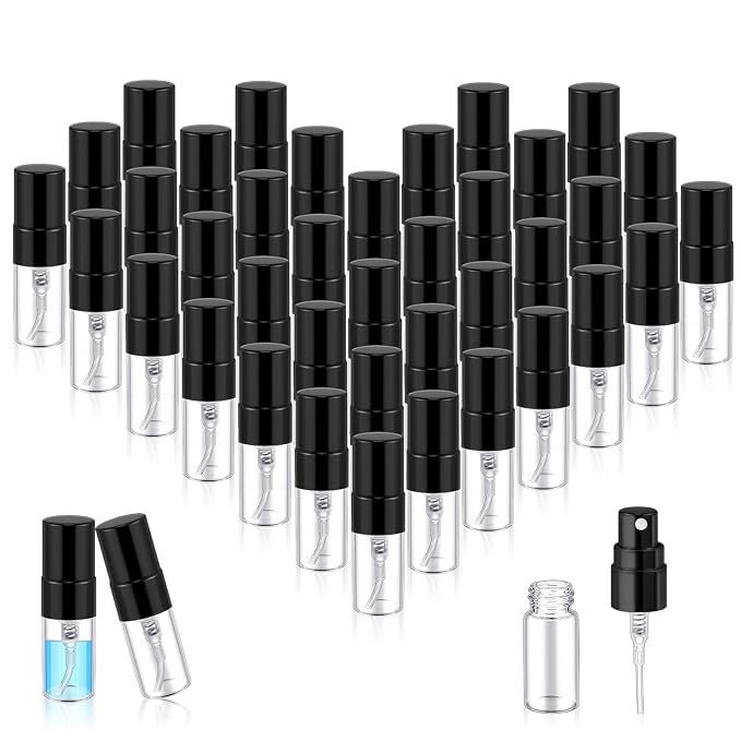 Zhehao 50 Pcs Mini Spray Bottles 2 ml Clear Glass Perfume Bottles Refillable Fine Mist Perfume Atomizer Portable Empty Sample Containers for Cleaning, Essential Oils, Travel (Black Cap)