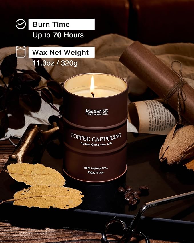 M&SENSE Coffee Cappucina Scented Candles, Soy Natural Wax Candle 11.3oz 70 Hours Long Lasting Burning, Strong Coffee Aroma Candle Unique Housewarming Appreciation Gifts