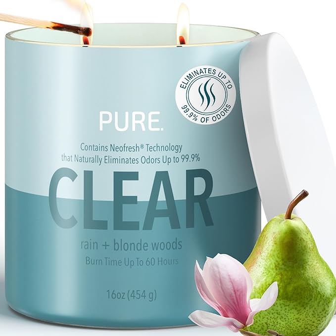 Candle-Lite Pure Rain & Blonde Woods Odor Eliminating Scented Candles, Neofresh Technology Eliminates 99.9% of Odors, 16 oz 2-Wick Jar, Proudly Poured in The USA, Up to 60 Hours Burn Time