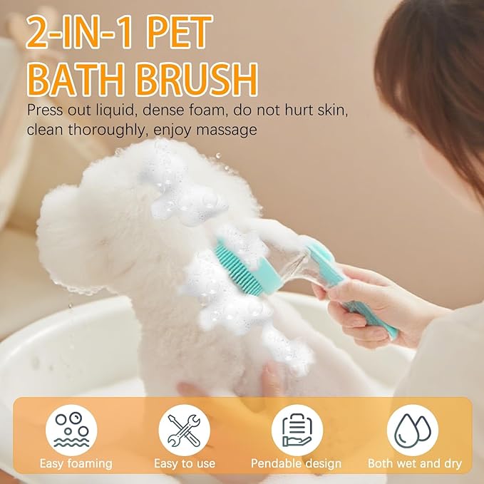 7 PCS Pet Bath Brush Set, Dog Bath Brush with Shampoo Dispenser, Cat Chin Cleaning Brush, Dog Toothbrush, Adjustable Glove Massage Brush, Pet Scrubber for Bathing Long Short Haired Dogs Cats (Yellow)
