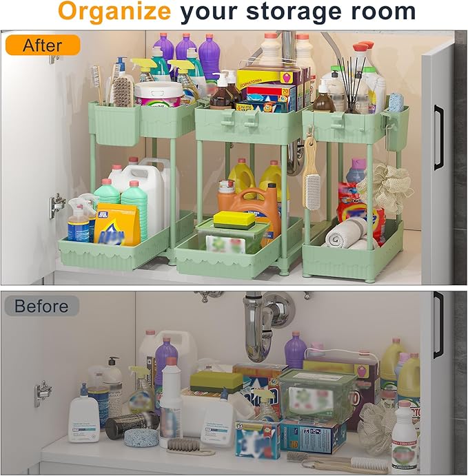 3 Pack Under Sink Organizers, 2-Tier Multi-Use Kitchen and Bathroom Organizers and Storage with Sliding Drawers，Bathroom Cabinet Organizer (Green, 12.8 Inch)