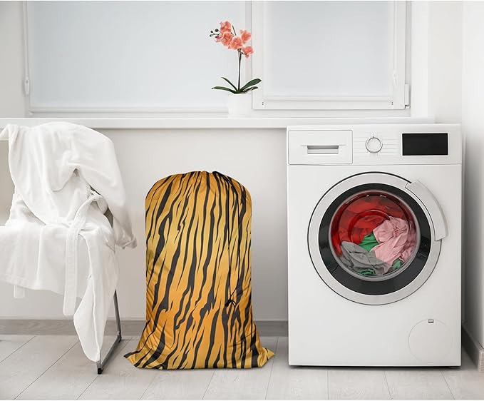 Swono Tiger Fur Laundry Bag with Drawstring Straps, Heavy Duty Extra Large Laundry Bags for Laundromat and Household, Stripe Animals Jungle Texture Washable Travel Dirty Clothes Bag Hamper Liner,