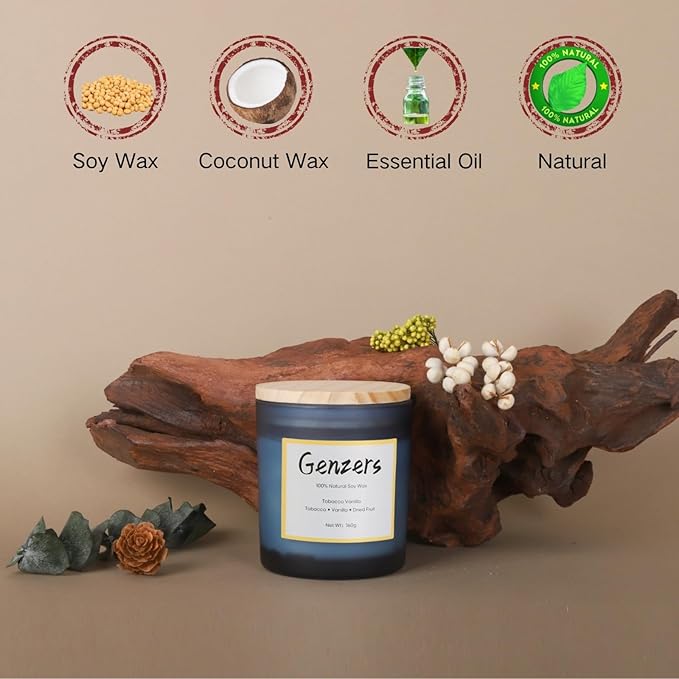 Tobacco Vanille Scented Candle,Crackling Wood Wick Candles Xmas Table Decorations,Aromatherapy Candle Gift for Men,Jar Candles Woody Soy Wax,Christmas Scented Candle Clean Burning