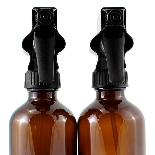 8 oz Amber Glass Boston Round Bottle with Black Trigger Spray (2 Pack)