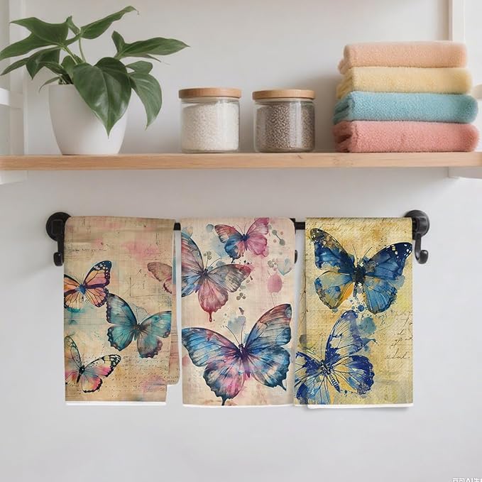 3 Pcs Vintage Butterfly Kitchen Towels, Rustic Decorative Absorbent Microfiber Dish Cloth Tea Towel, Artistic Waffle Soft Hand Towels for Farmhouse Home Bathroom, Butterfly Gifts