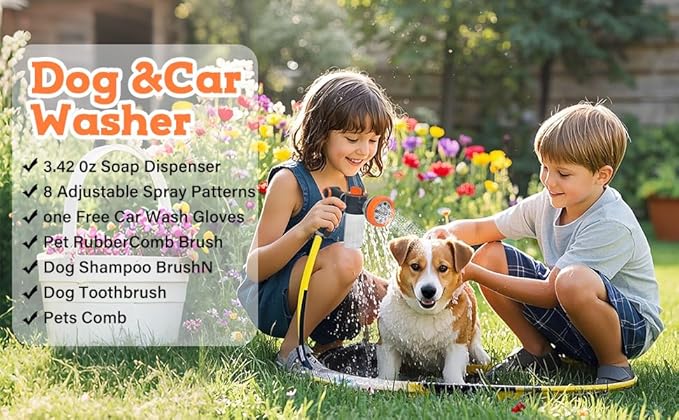 Kamirola Upgrade Dog Washing Hose Attachment,Dog Wash Supplies with 2 type Dog Bath Brush, Dog Comb and Toothbursh, 8 Way Spray Pattern Garden Hose Nozzle with Soap Dispenser, Car Washing Mitt