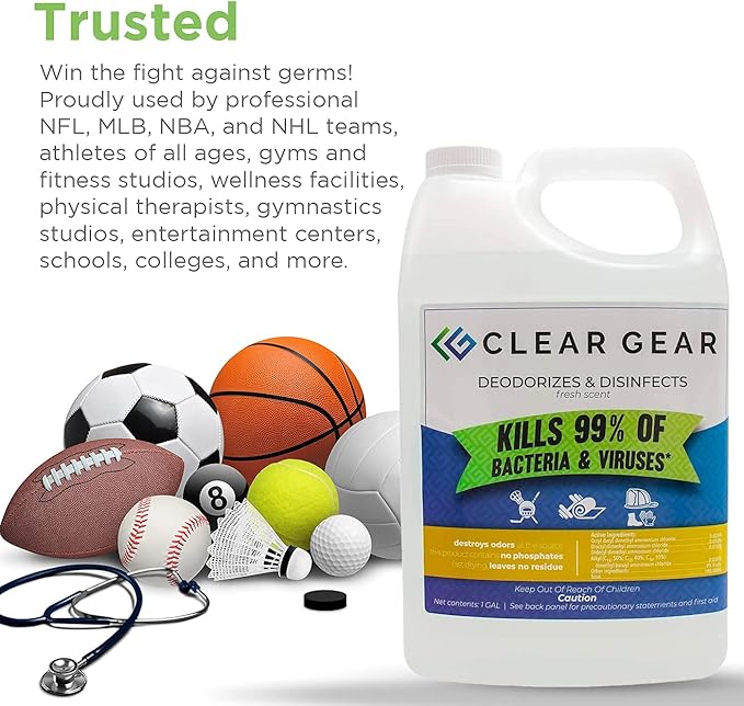 Clear Gear - Disinfectant, Cleaner, and Deodorizer for Sports Equipment, Gyms, and Fitness Centers - EPA-Registered, Hospital Grade, Made in USA - 1 Gallon Bottle