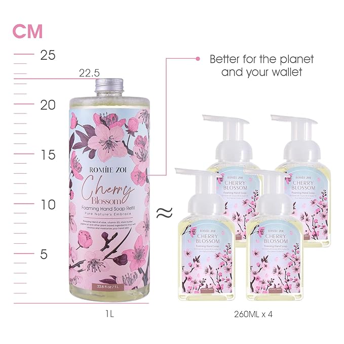 ROMIIE ZOI Cherry Blossom Foaming Hand Soap Refill Gift Set – 3 Pack*33.8 Fl Oz with Refillable Dispenser, Refreshing Floral Scent, Moisturizing & Chemical-Free for Bathroom, Kitchen, Sensitive Skin