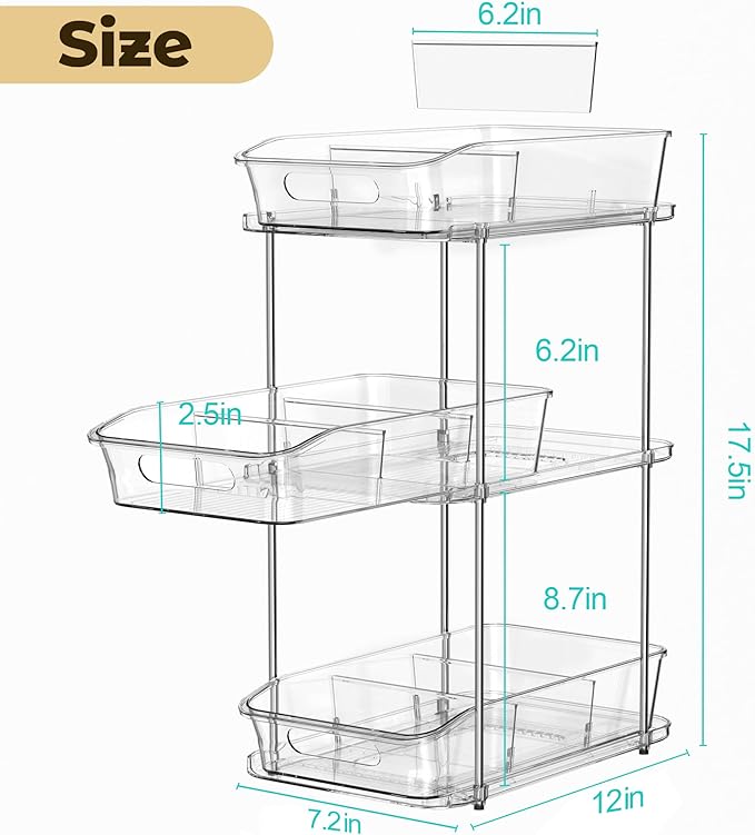 3 Tier Under Sink Organizer and Storage - Multi-Purpose Stackable Pantry Organizer with Pull-Out Clear Bins and Movable Dividers for Kitchen and Bathroom Cabinet