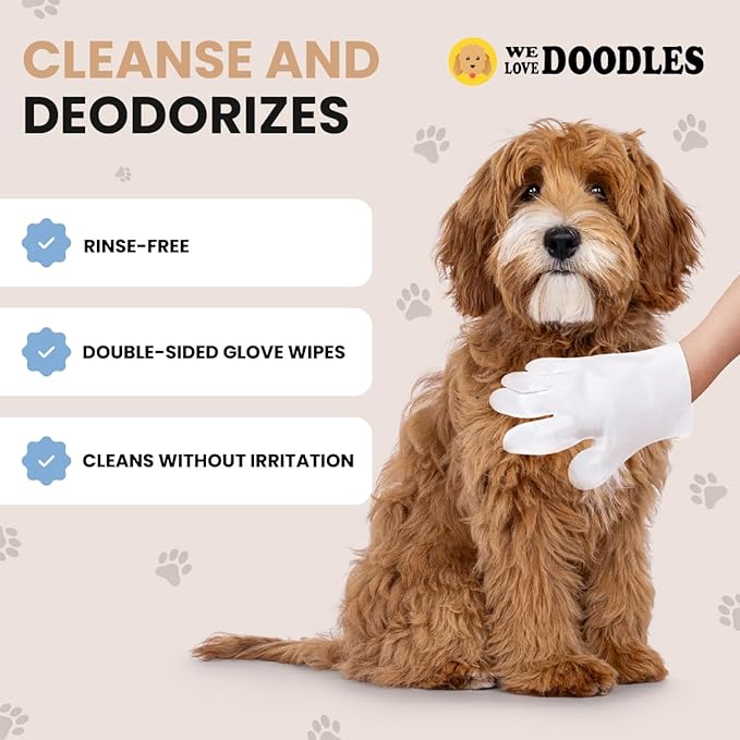 We Love Doodles Dog Gloves Wipes & Dog Shampoo Bundle - Pet Bathing Wipes for Dogs, Paws, Face, Body, Ears, Shampoo for Dogs Matted Pet Hair, Sensitive Skin Shampoo for Puppies