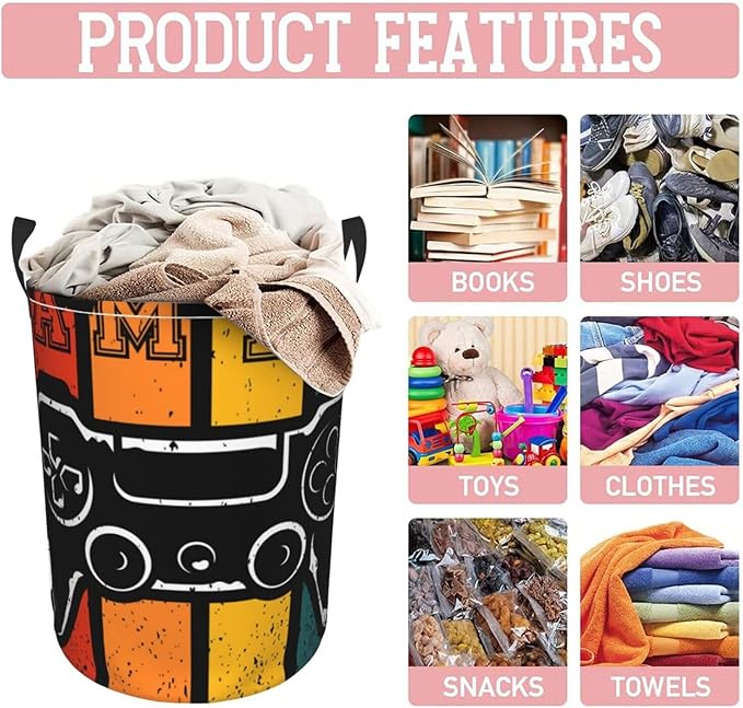 Gaming Laundry Hamper Bag With Waterproof Liner - Game Joystick Retro Style Round Laundry Basket Foldable Clothes Storage Organizer For Bathroom Bedroom Nursery Dorm, S-16.5"X 13.8"