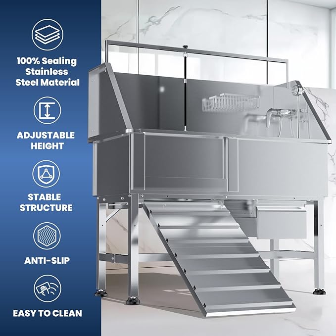 46" Dog Washing Station, Professional Stainless Steel Dog Bathtub w/Ramp & Storage Drawer, Adjustable Grate, Non-Slip Design, Home Grooming & Large Dogs (Left Ramp)