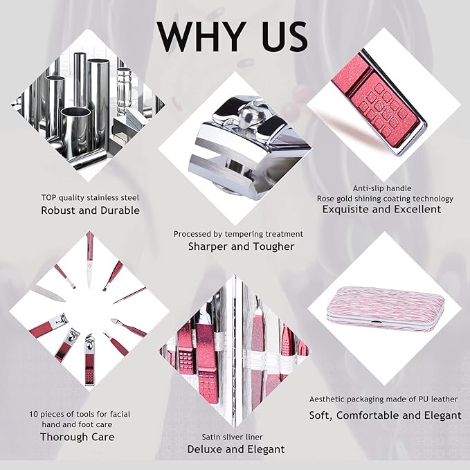 Manicure Set 10 in 1 Stainless Steel, Nail Clippers Scissors Pedicure Tools Kit - Portable Travel Grooming Kit for Men and Women with Leather Case (Rose Red)