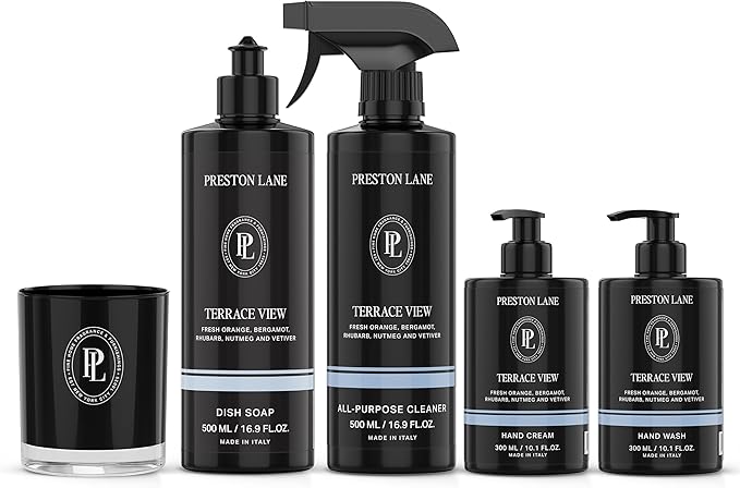 Preston Lane Signature Home Set – All Purpose Cleaner, Dish Soap, Hand Wash, Hand Cream & Scented Candle | Plant-Powered Cleaning & Care Essentials with Fine Italian Fragrance, Terrace View