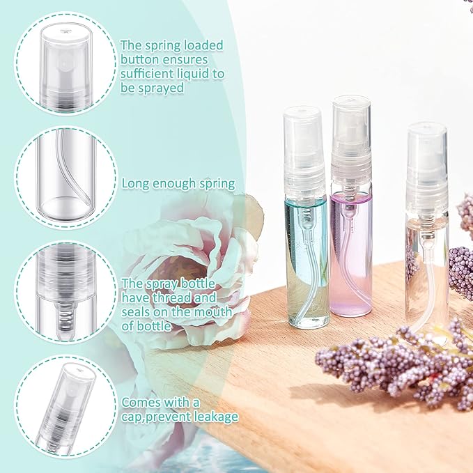 Zhehao 50 Pcs Mini Spray Bottles 5 ml Clear Glass Perfume Bottles Refillable Fine Mist Perfume Atomizer Portable Empty Sample Containers for Cleaning, Essential Oils, Travel (Clear Cap)