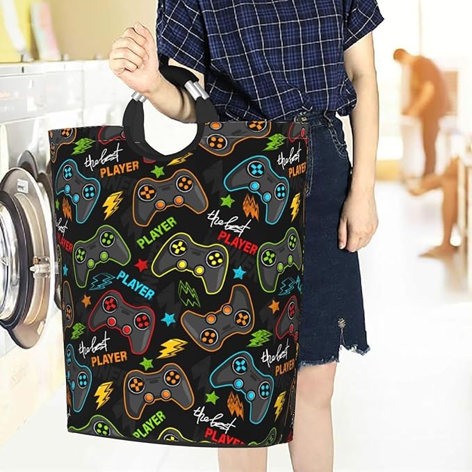 Video Game Gaming Joysticks Large Laundry Hamper Bag With Waterproof Liner - Laundry Basket Foldable Clothes Storage Organizer For Bathroom Bedroom Nursery Dorm