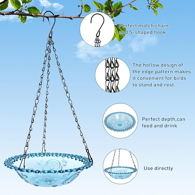 2 Pack Hanging Bird Baths, Hanging Bird Feeders for Outdoors, Bird Water Bowl for Garden Yard Decor(Plastic, Blue Color)