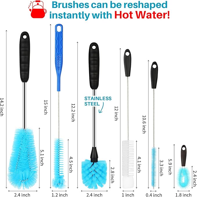 6 Pack Bottle Brush Cleaner Set, Long Handle Stainless Steel Water Bottle Cleaner Brush for Washing Sport Bottles, Narrow Neck Bottle, Baby Bottles, Dish, Flask, Straw, Cup Cover
