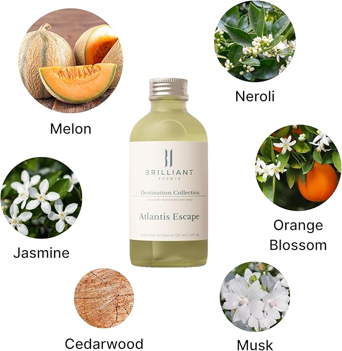 Brilliant Scents Atlantis Escape Fragrance Oil 500ml - Premium Diffuser Oil for Home, Office, Hotels - Long Lasting, Plant-Based, Meets IFRA Standards, USA-Made - Neroli, Orange Blossom, Vanilla