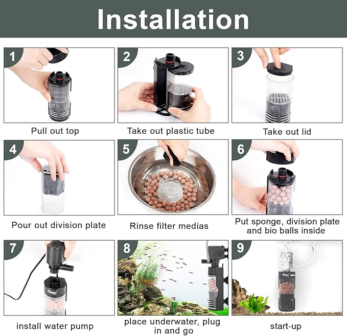 hygger Quiet Fish Tank Filter with Bio Balls Sponge Air Hose, Aquarium in-Tank Filter for 10-40 Gallon 7W 100 GPH