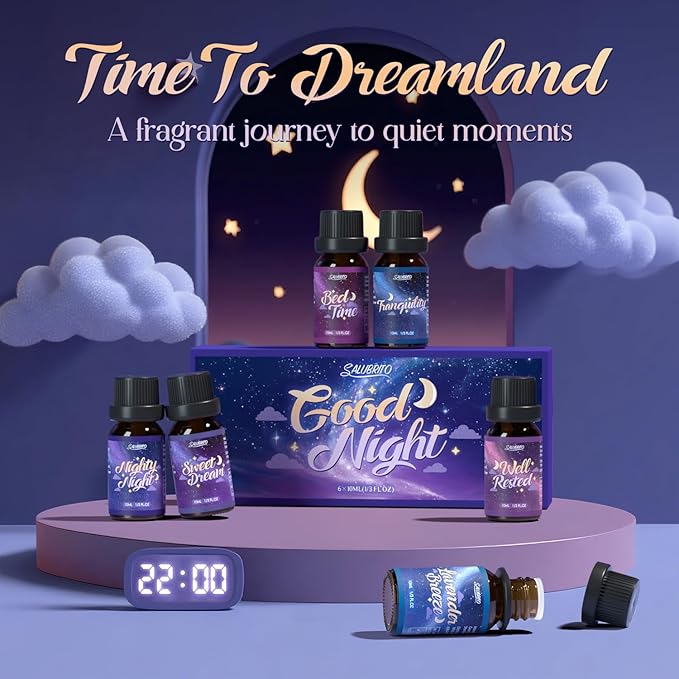 SALUBRITO Good Night Fragrance Oils, Premium Essential Oil Set for Diffuser, Soap, Candle Making scents, Nighty Night, Well Rested, Tranquility, Sweet Dream, Bed Time, Lavender Breeze