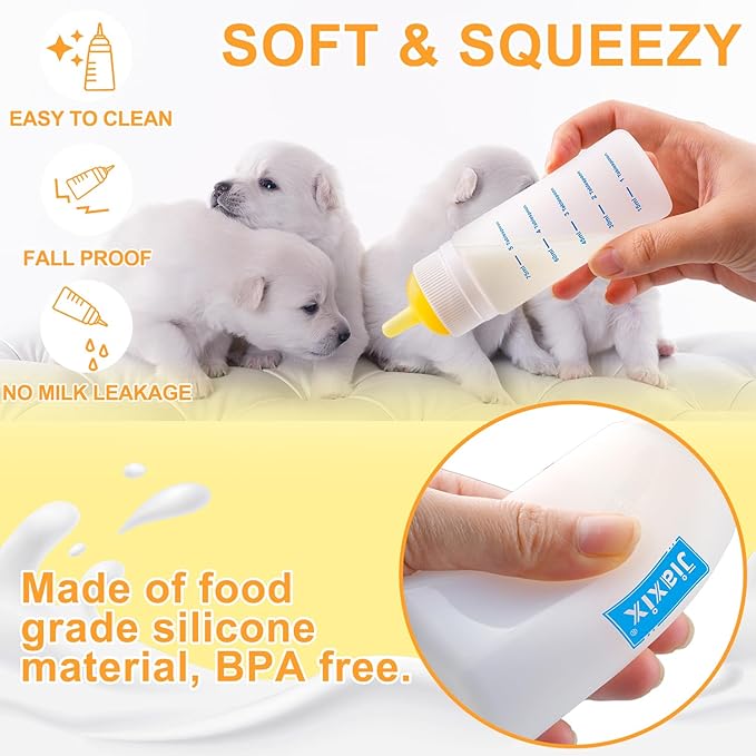 3 Pack Kitten Silicone Bottle Feeding Kit,Nipple & Feeding Kit for Kittens, Reusable Newborn Kitten Supplies, Suitable for Feeding Kitten, Puppy, Rabbit,Hamster (Yellow, Large)