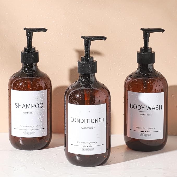 Stylish Shampoo Bottles Refillable with Pump,(5Pack) Amber Shampoo and Conditioner Dispenser,Shampoo Bottles with 8pcs Lables