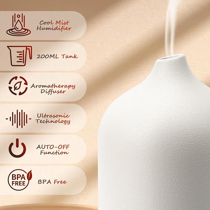 Diffuserlove Ceramic Diffuser 250ML Essential Oil Diffusers Aromatherapy Essential Oil Diffuser for Room Air Diffuser for Home Bedroom Stone Diffuser (White Big Size 250ml)