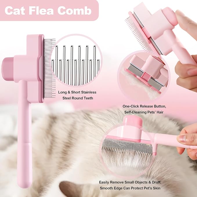 Cat Grooming Kit, 4-in-1 Cat Grooming Tools with Cats Brush, Flea Comb, Nail Clipper & Trimmer - Deshedding & Dematting for Pets Hair and Paws, Pet Shedding Set for Indoor Dogs & Cats (Pink)